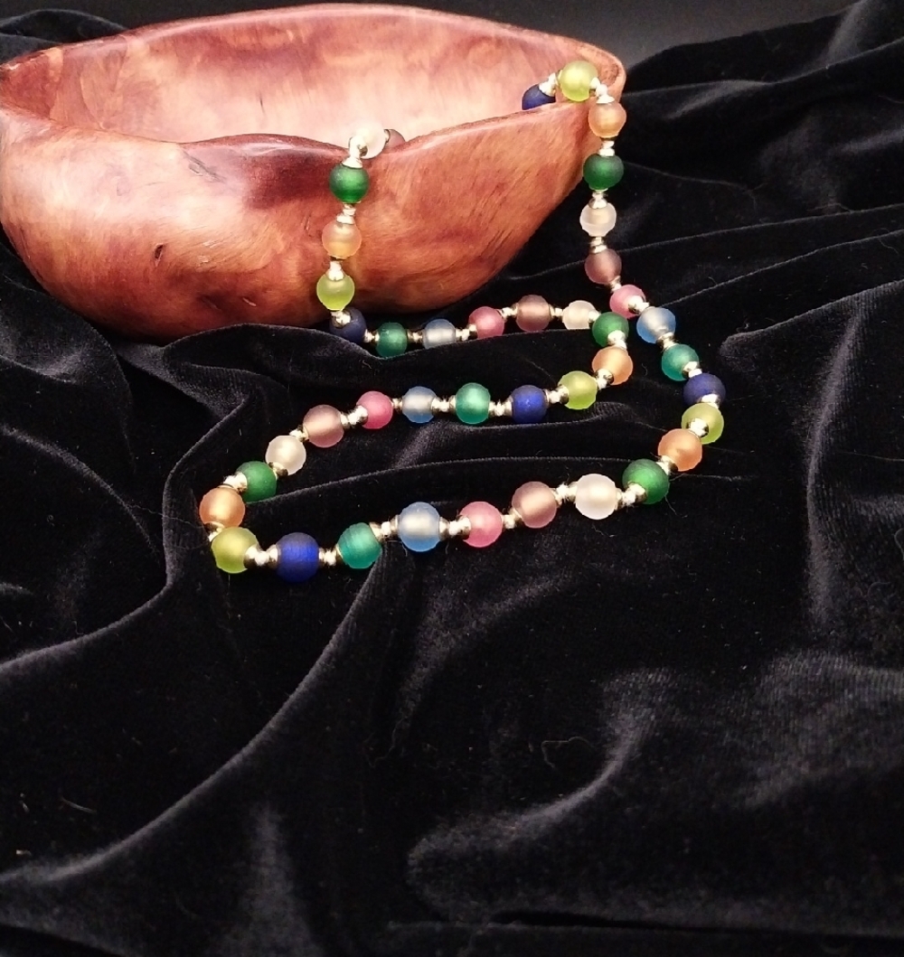 Vintage Murano Frosted Glass Bead Necklace Made in Italy Colorful Art Glass